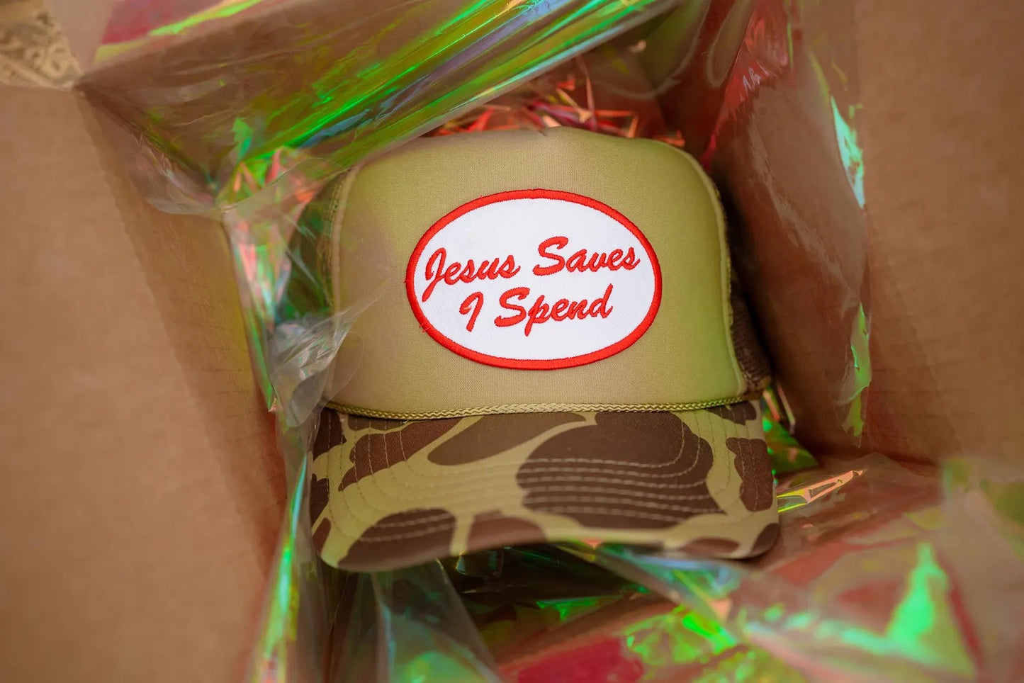 Jesus Saves I Spend Patch Trucker Hat