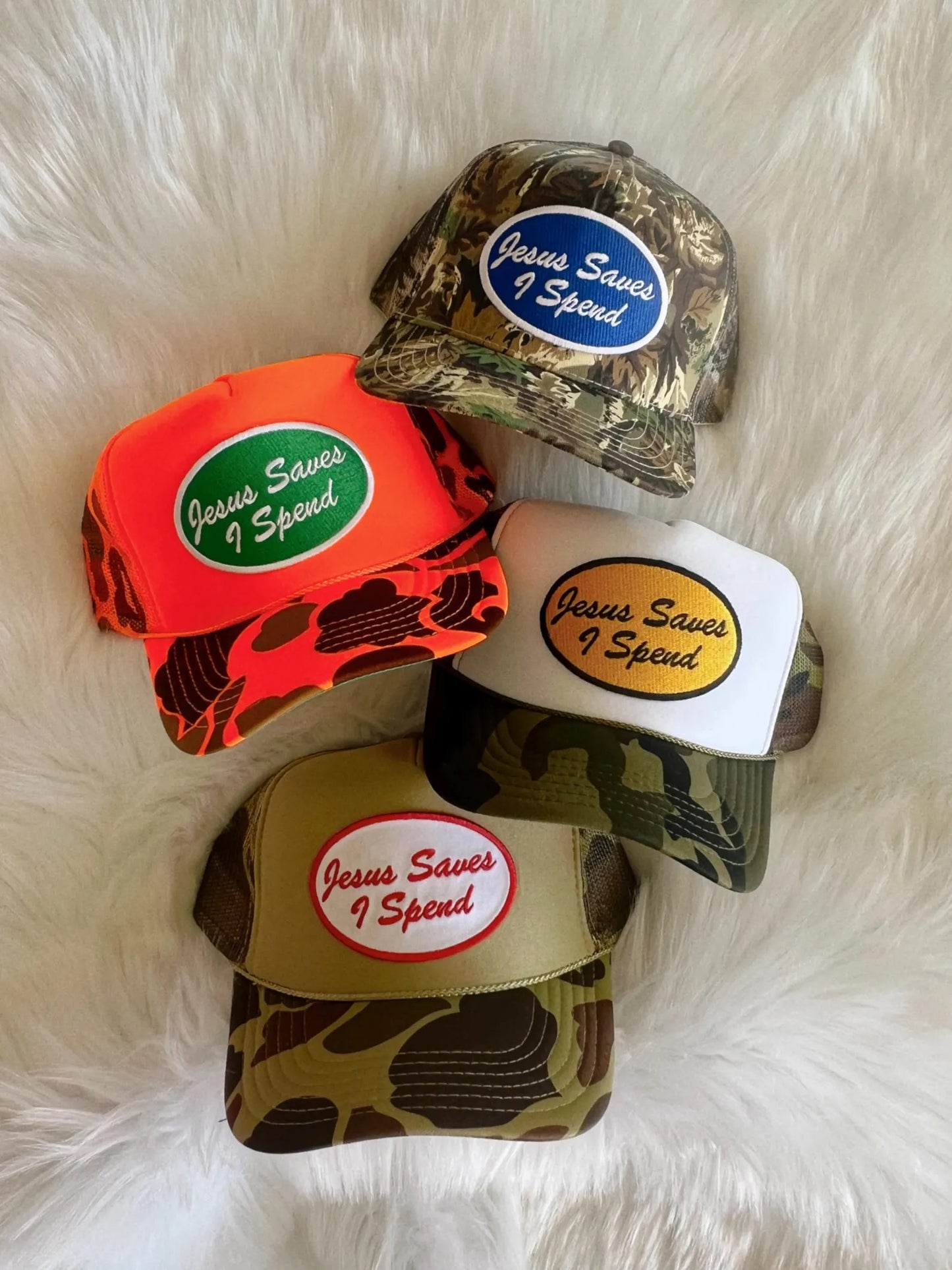 Jesus Saves I Spend Patch Trucker Hat