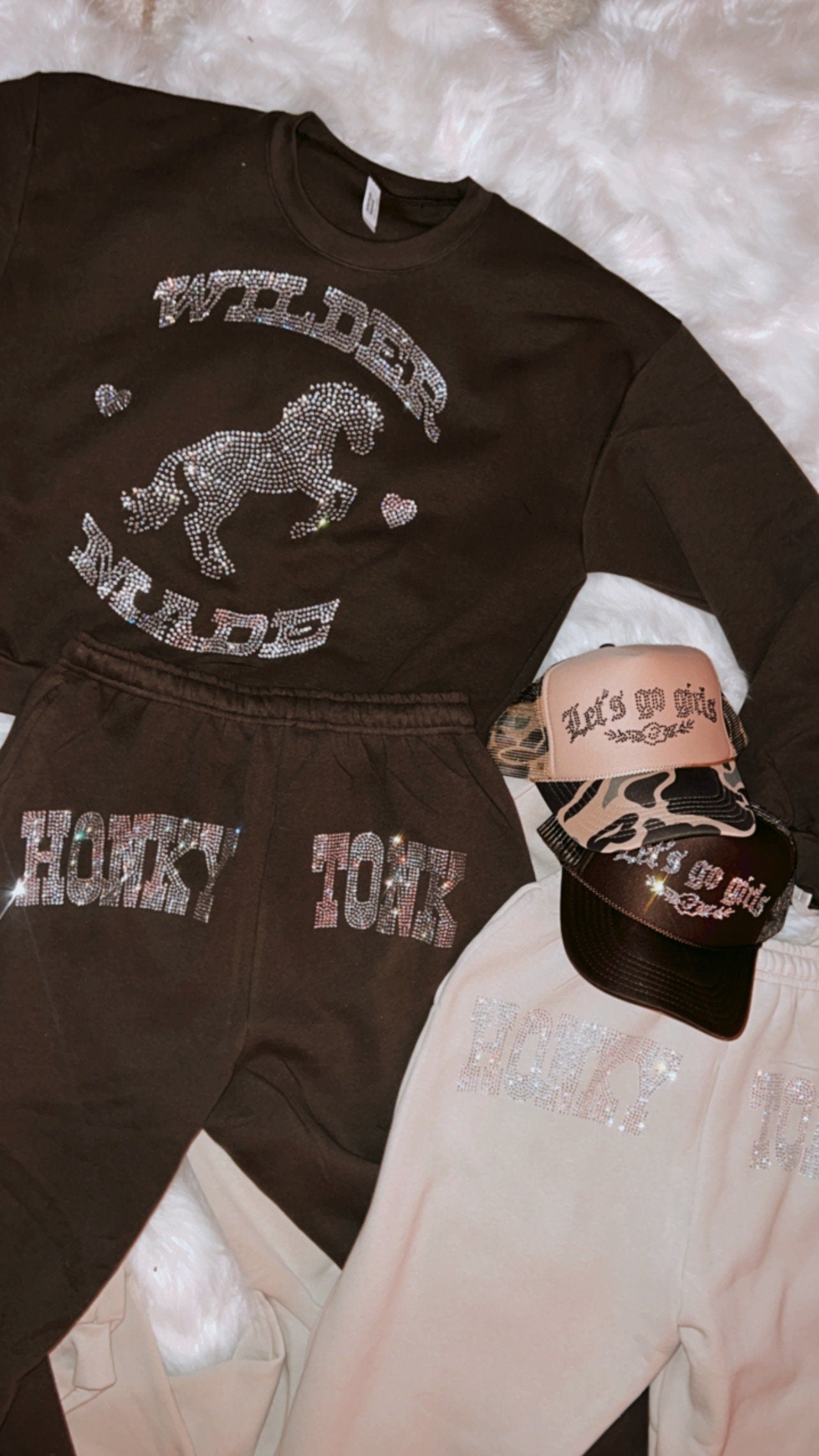 Wilder Made Rhinestone Crop Bell Sleeve Crew Neck