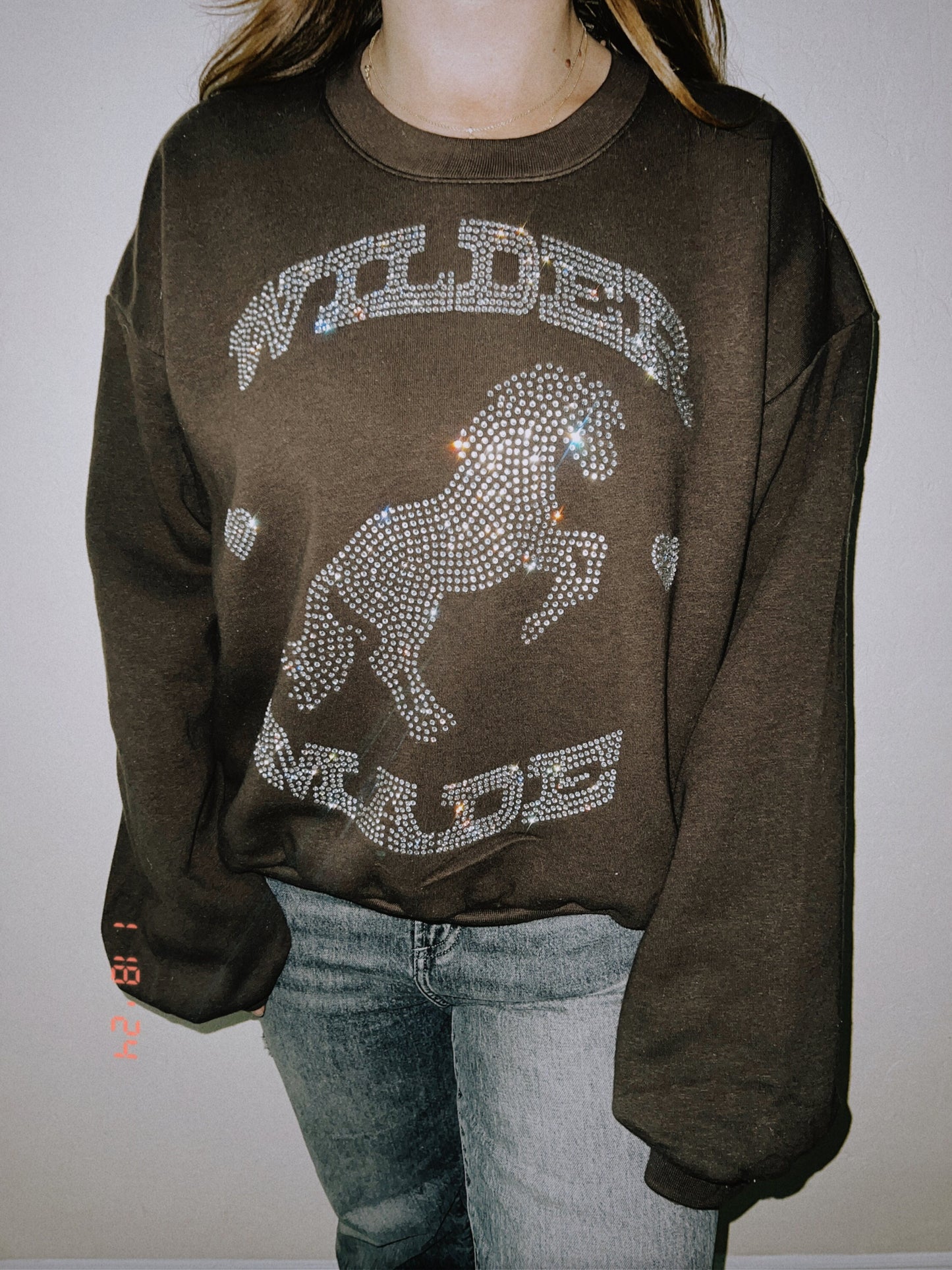 Wilder Made Rhinestone Crop Bell Sleeve Crew Neck