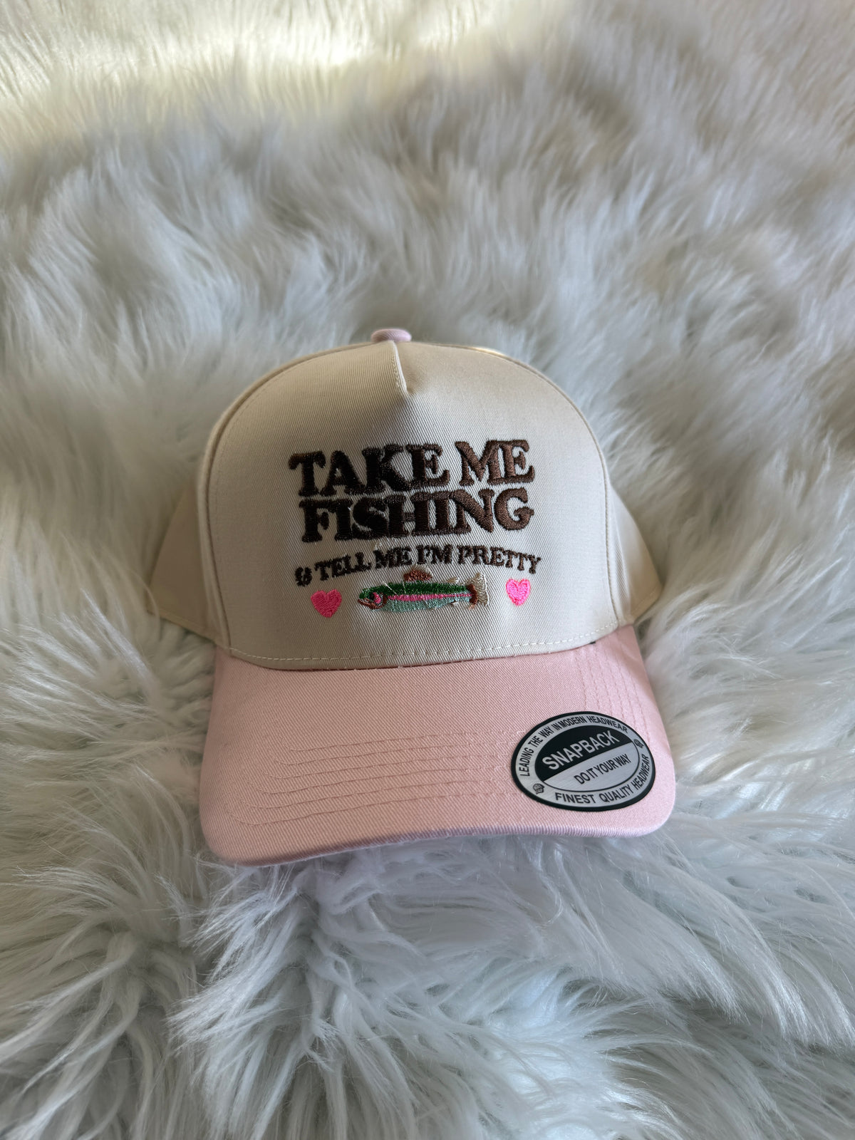 Take Me Fishing - Cream/Baby Pink + Brown Thread