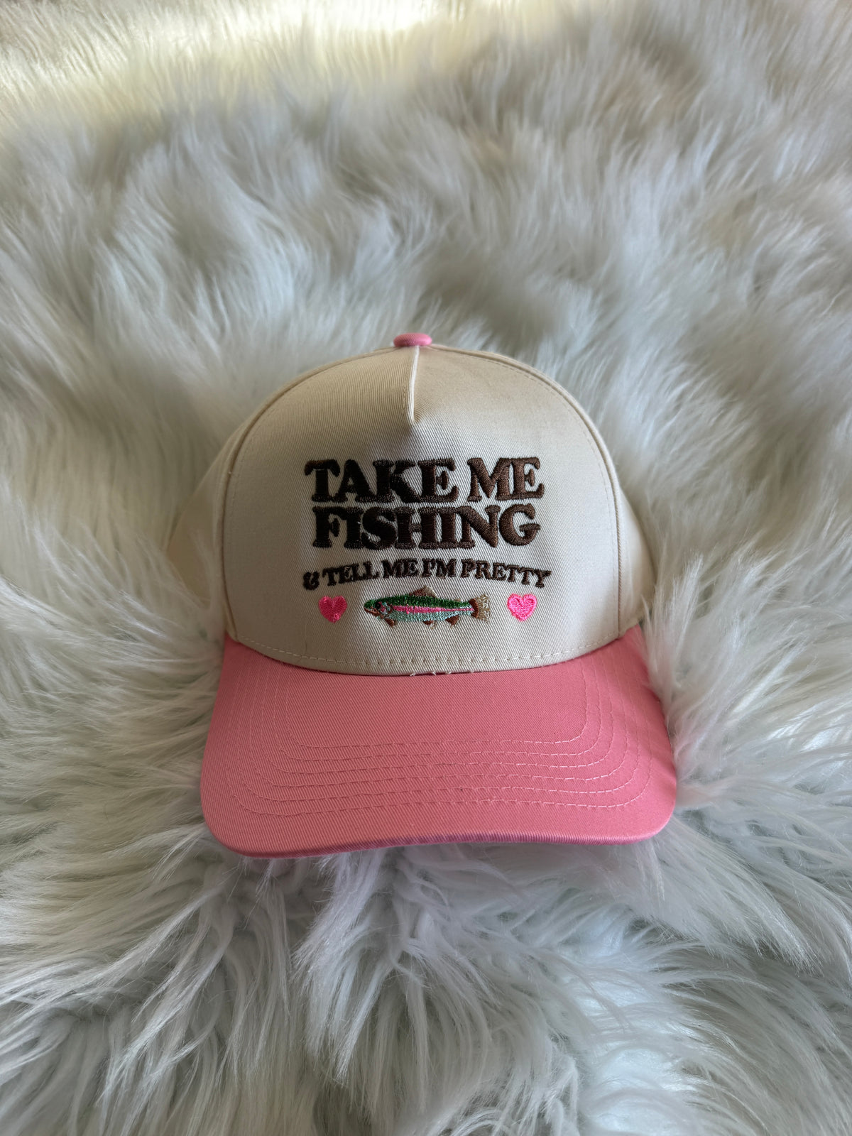 Take Me Fishing - Cream/Pink + Brown Thread
