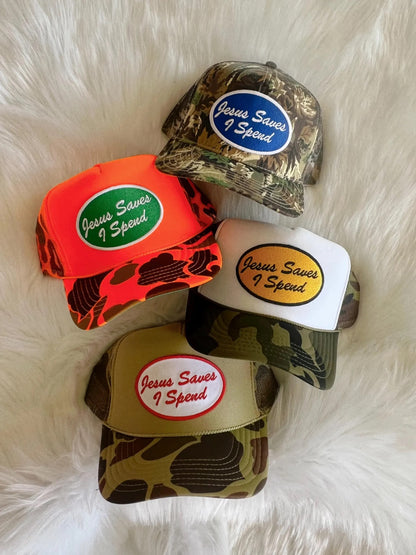 Jesus Saves I Spend Patch Trucker Hat