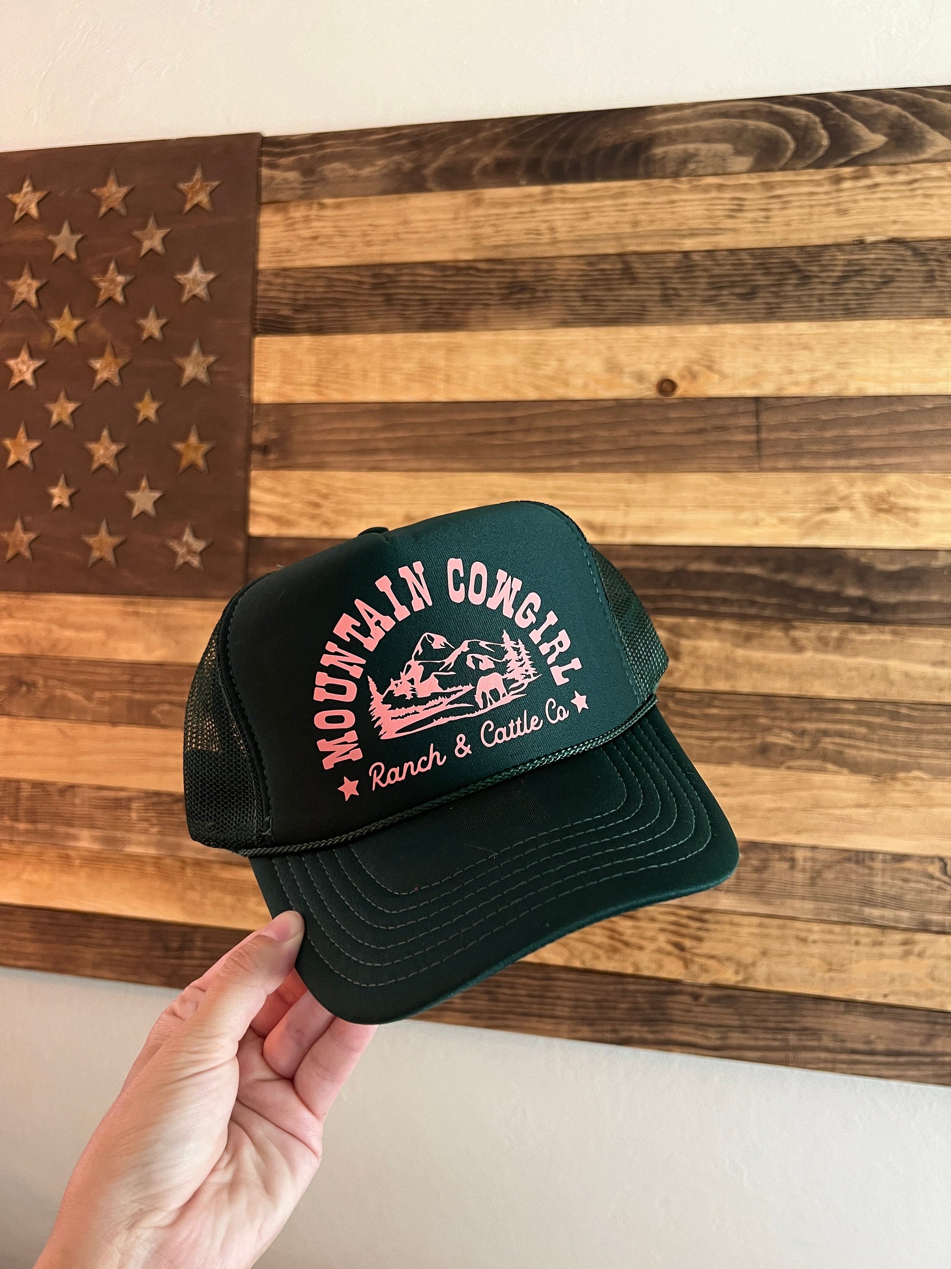 Dark Green hat/Coral Pink design