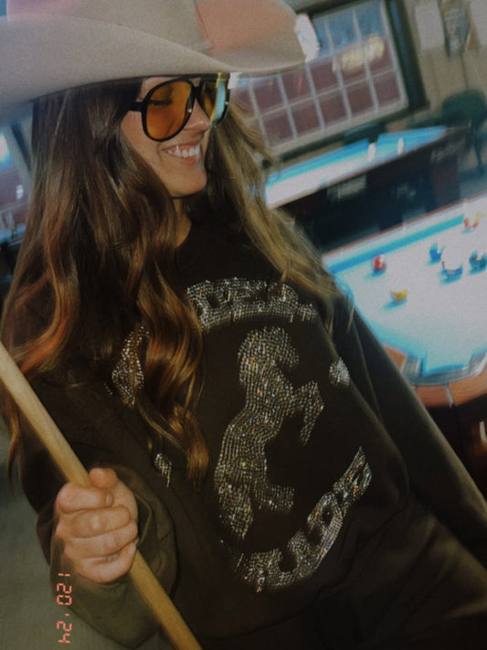 Wilder Made Rhinestone Crop Bell Sleeve Crew Neck